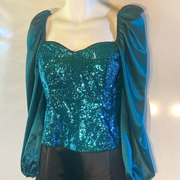 Shein Curve SZ 1XL Plus Teal sequin & satin top party formal holiday - Picture 1 of 11